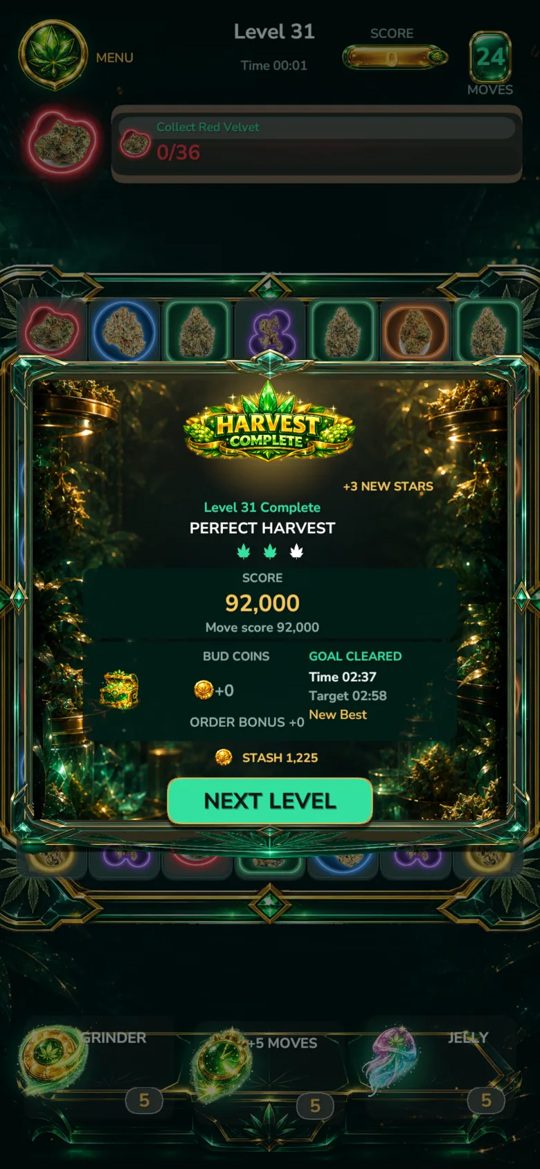 Bud Crush Harvest Complete screen with grade and score band
