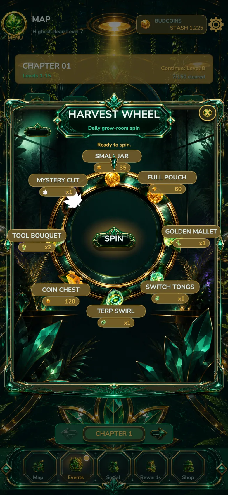 The Harvest Wheel: a glowing emerald prize wheel offering jars, pouches, tools, and Terp Gems