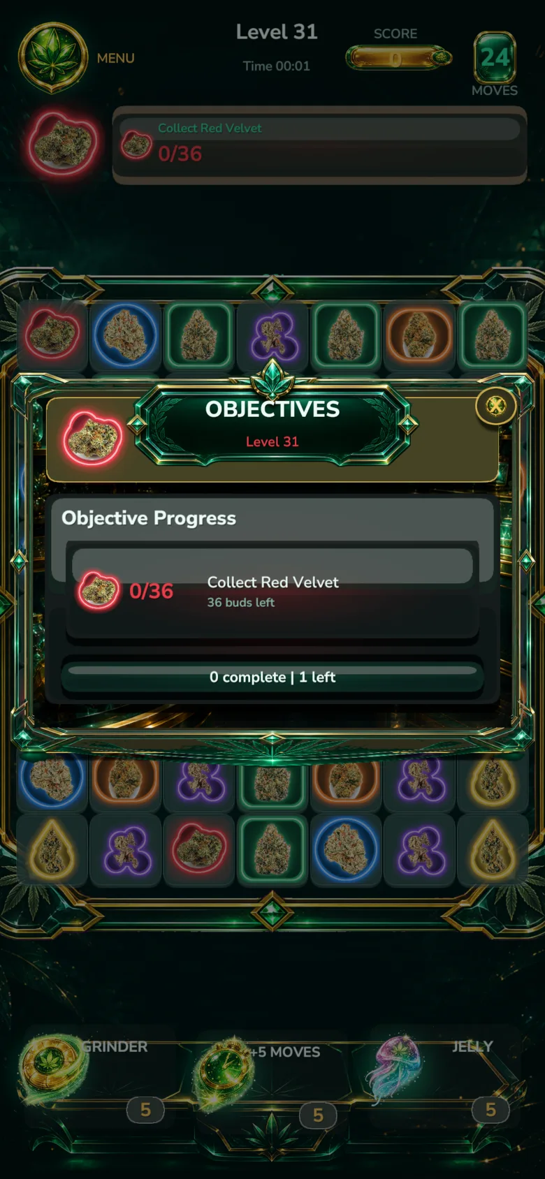 Bud Crush objectives dialog showing the level goal and progress over the board